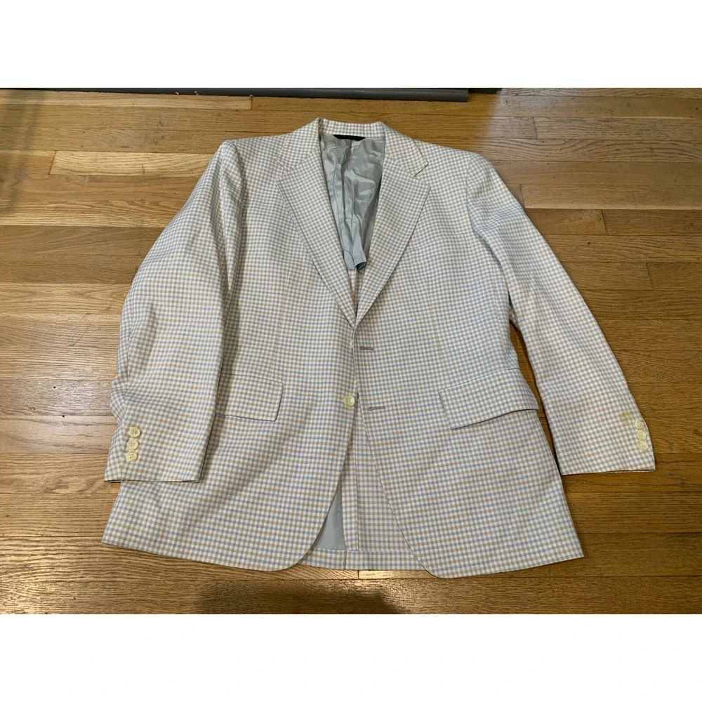 Vtg 70s Sports Coat White Blue Tan Check Plaid Merit Sz 46 Made USA 1/2 Lined